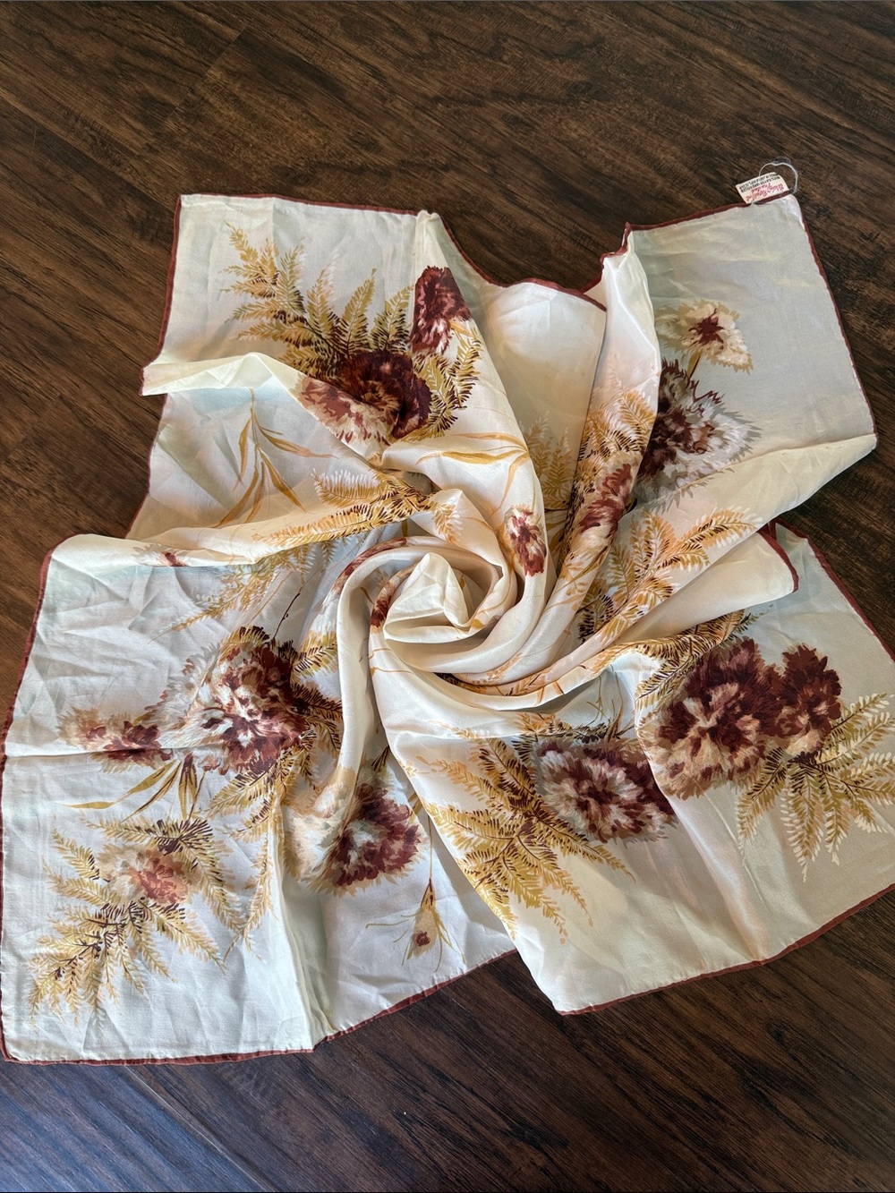Vintage Floral Printed Square scarf- Cream with Brown Floral Accents